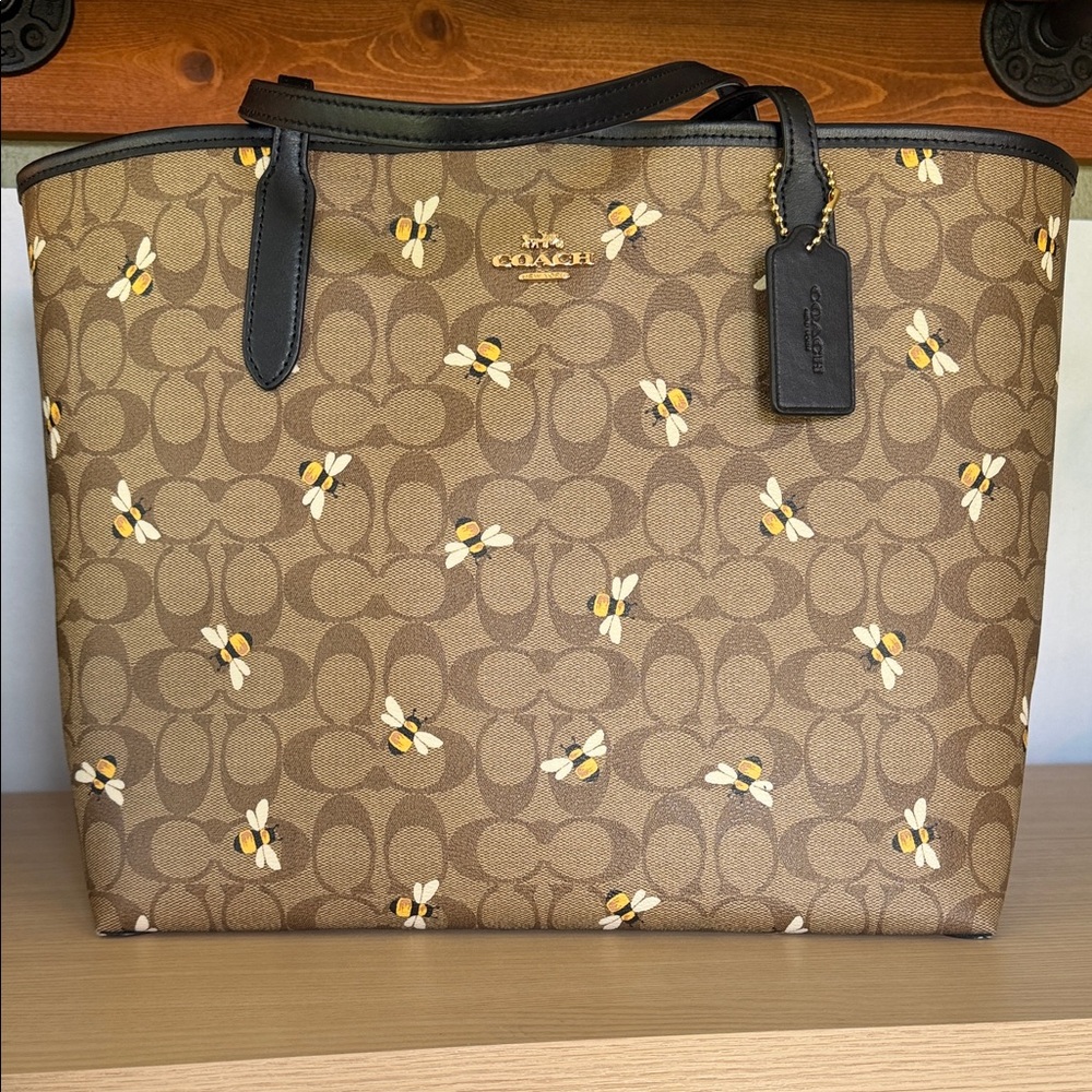 Coach Brown Signature Bee Print Tote with Black Trim with Coach Tote Liner